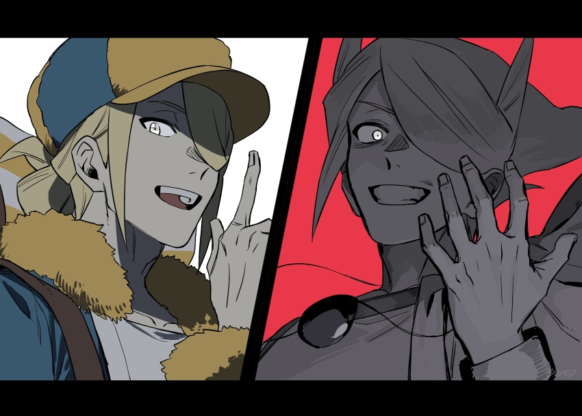 1boy apron armlet backpack bag black_border blonde_hair border evil_smile finger_wagging fur-trimmed_sleeves fur_trim game_freak grey_eyes greyscale greyscale_with_colored_background hair_bun hair_over_one_eye hat highres jewelry long_hair male_focus monochrome necklace nintendo open_mouth pokemon pokemon_legends:_arceus red_background side_cape single_hair_bun smile teardrop-shaped_gem volo_(pokemon) white_apron white_background yc157_ar
