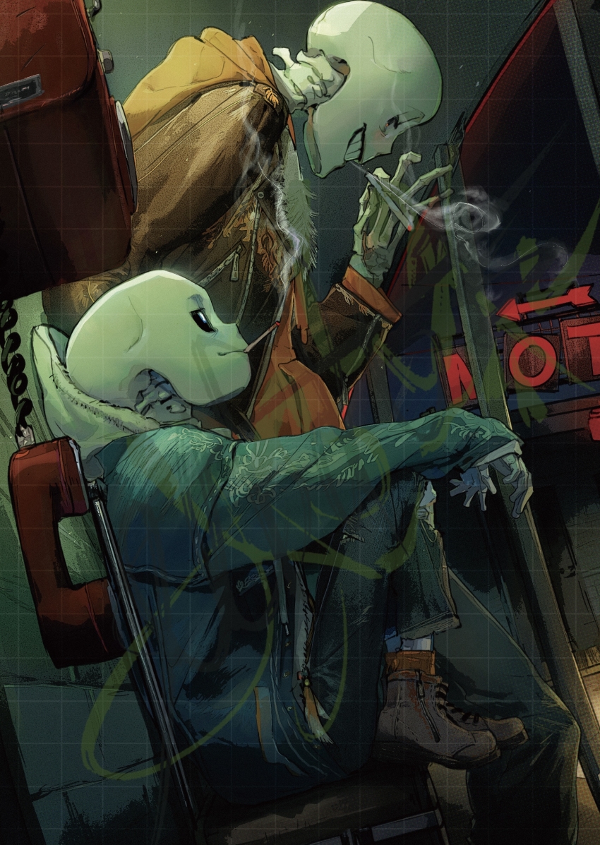 2boys absurdres alternate_costume arm_on_knee black_sclera blue_jacket brothers brown_footwear brown_jacket chinese_commentary cigarette closed_mouth colored_sclera commentary_request corded_phone denim feet_out_of_frame from_side full_body grin highres holding holding_cigarette hood hooded_jacket jacket jeans knee_up long_sleeves male_focus mbdtz multiple_boys neon_sign night pants papyrus_(undertale) payphone phone profile sans_(undertale) siblings sitting skeleton smile smoking torn_clothes torn_jeans torn_pants undertale zipper