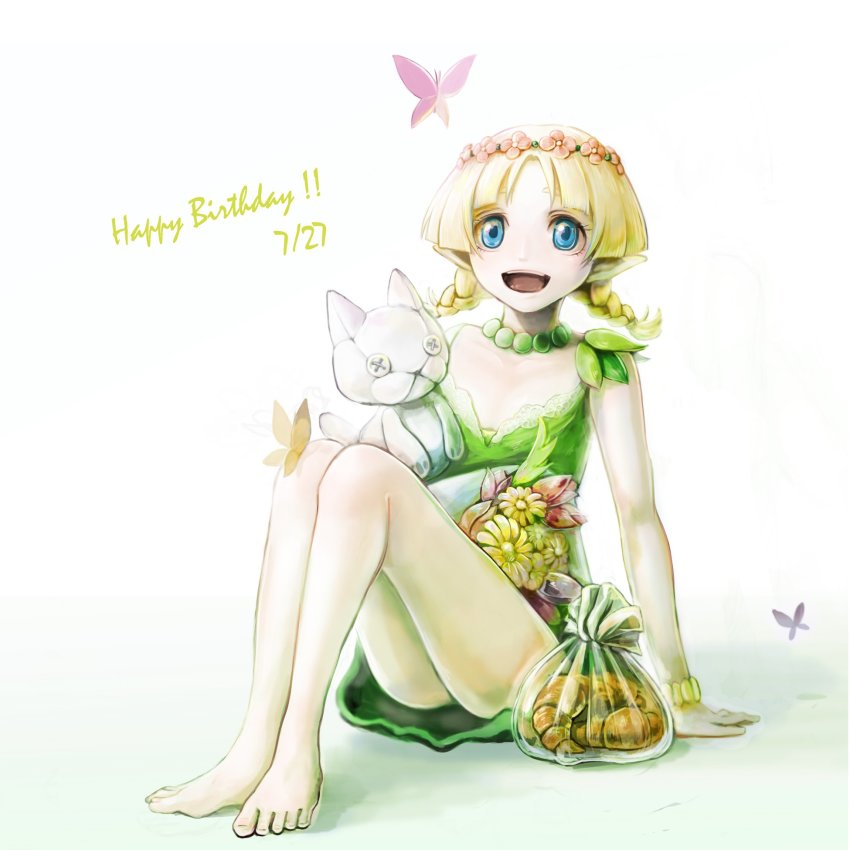 1girl :d barefoot blonde_hair blue_eyes blush bracelet braid bug butterfly croissant daisy_(flower) dress elf female_focus flower food full_body happy_birthday highres insect jewelry juno_bernal open_mouth pointy_ears pop-up_story simple_background sitting smile solo stuffed_animal stuffed_cat stuffed_toy twin_braids umino_kiri white_background