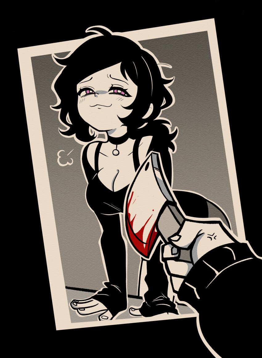 1boy 1girl absurdres andrew_graves_(the_coffin_of_andy_and_leyley) anger_vein ashley_graves black_hair blood bloody_knife breasts choker cleavage cleaver goldiedood highres holding holding_cleaver holding_knife knife knife_cat_(meme) long_sleeves looking_at_viewer medium_breasts meme outline outside_border pink_eyes ponytail simple_background smile smug the_coffin_of_andy_and_leyley