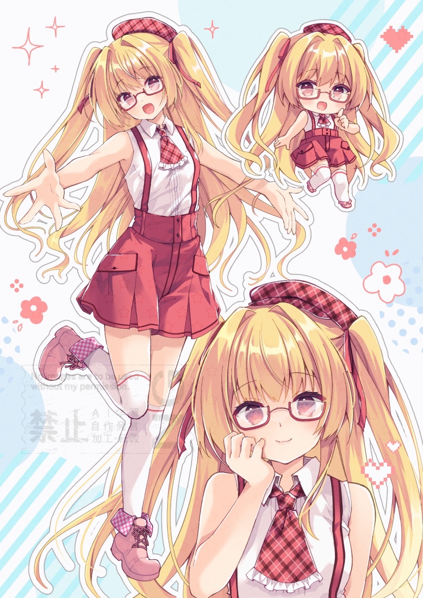 1girl :d ascot bare_arms bare_shoulders beret bespectacled blonde_hair blush casual chibi chibi_inset closed_mouth collared_shirt commentary commission cross-laced_shoes eyelashes floating_hair frilled_ascot frills full_body glasses hair_between_eyes hair_intakes hair_ribbon hand_on_own_cheek hand_on_own_face hand_up happy hat heart high-waist_skirt highres index_finger_raised irotoridori_no_sekai long_hair looking_at_viewer multiple_views nikaidou_shinku official_alternate_costume open_mouth outstretched_arms outstretched_hand pink_shoes pixel_heart plaid_ascot plaid_clothes plaid_hat purinpurin red-framed_eyewear red_ascot red_eyes red_hat red_ribbon red_skirt ribbon semi-rimless_eyewear shirt shoes simple_background skeb_commission skirt sleeveless sleeveless_shirt smile sparkle standing standing_on_one_leg suspender_skirt suspenders thighhighs two_side_up upper_body very_long_hair watermark white_background white_ribbon white_shirt zettai_ryouiki