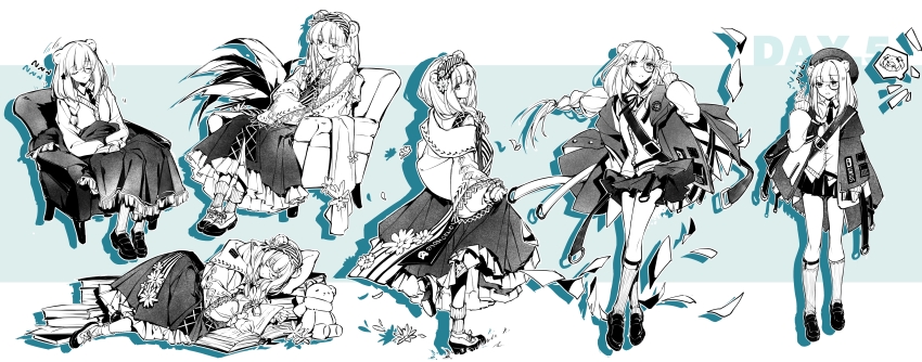 1girl absurdres adjusting_eyewear animal_ears arknights bear_ears bear_girl book book_stack braid chibi chibi_inset couch flower full_body fy_fei_xiao_ya glasses gummy_(arknights) highres istina_(arknights) istina_(bibliosmia)_(arknights) kneehighs limited_palette long_hair long_sleeves monocle multiple_views official_alternate_costume sitting skirt sleeping socks speech_bubble