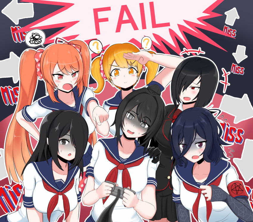 6+girls ? absurdres armband arrow_(symbol) ayano_aishi black_eyes black_gloves black_hair black_skirt black_vest blonde_hair blue_sailor_collar bob_cut bow bowtie breasts collared_shirt commentary controller elbow_gloves fingerless_gloves gloves grey_eyes grey_gloves hair_ornament hair_over_one_eye hair_scrunchie half-closed_eyes hanako_yamada hand_on_another&#039;s_shoulder highres holding holding_controller horuda_puresu jakky_jakigann layered_clothes long_sleeves messy_hair multiple_girls neckerchief nemesis-chan oka_ruto_(yandere_simulator) orange_eyes orange_hair osana_najimi_(yandere_simulator) partially_shaded_face pink_scrunchie polka_dot polka_dot_scrunchie ponytail print_gloves purple_eyes raibaru_fumetsu red_armband red_bow red_bowtie red_eyes red_neckerchief sailor_collar school_uniform scrunchie serafuku shirt short_sleeves short_twintails skirt spider_web_print spoken_question_mark spoken_squiggle squiggle striped_clothes striped_collar sweat twintails vest white_serafuku white_shirt yandere_simulator yellow_eyes