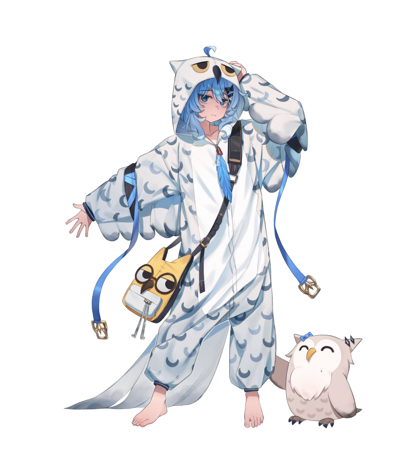 1girl absurdres ahoge barefoot blue_eyes blue_hair collarbone cosplay di_le_to full_body highres kigurumi long_hair looking_at_viewer original pajamas solo white_background