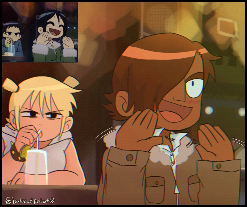1boy 1girl :d alternate_universe blonde_hair blush brown_hair commentary cosplay dark-skinned_male dark_skin derivative_work drinking english_commentary fur-trimmed_jacket fur_trim hair_over_one_eye highres jacket knives_chau knives_chau_(cosplay) matthew_patel official_style open_mouth personality_switch reference_inset reverse_au_(scott_pilgrim) roxie_richter scott_pilgrim_(series) scott_pilgrim_takes_off screenshot_inset screenshot_redraw short_hair short_twintails smile tobi_(bake_dpotat0) twintails wallace_wells waving