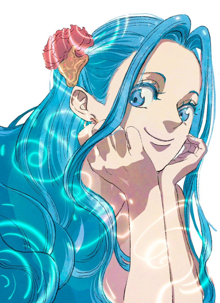 1girl blue_hair close-up closed_mouth colored_eyelashes earrings fengcheche flower hair_flower hair_ornament head_rest highres jewelry light_blue_hair long_hair looking_at_viewer nefertari_vivi one_piece sidelocks simple_background smile solo white_background