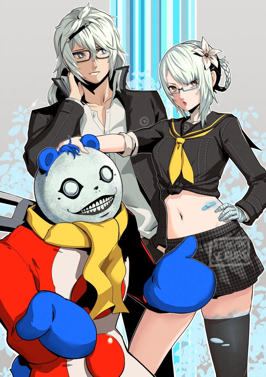 1girl 2boys alternate_costume bandaged_arm bandages bandaid black-framed_eyewear black_jacket black_pants black_sailor_collar black_skirt black_thighhighs brown_eyes collared_shirt commentary cosplay crossover eightyfourart emil_(nier) flower glasses grey_hair hair_flower hair_ornament hand_on_own_hip highres jacket kaine_(nier) kuma_(persona_4) kuma_(persona_4)_(cosplay) midriff multiple_boys navel neckerchief nier nier_(brother) nier_(brother)_(post_timeskip) nier_(series) open_clothes open_jacket pants persona persona_4 sailor_collar school_uniform shirt single_thighhigh skirt stomach thighhighs torn_clothes torn_thighhighs yasogami_school_uniform yellow_neckerchief