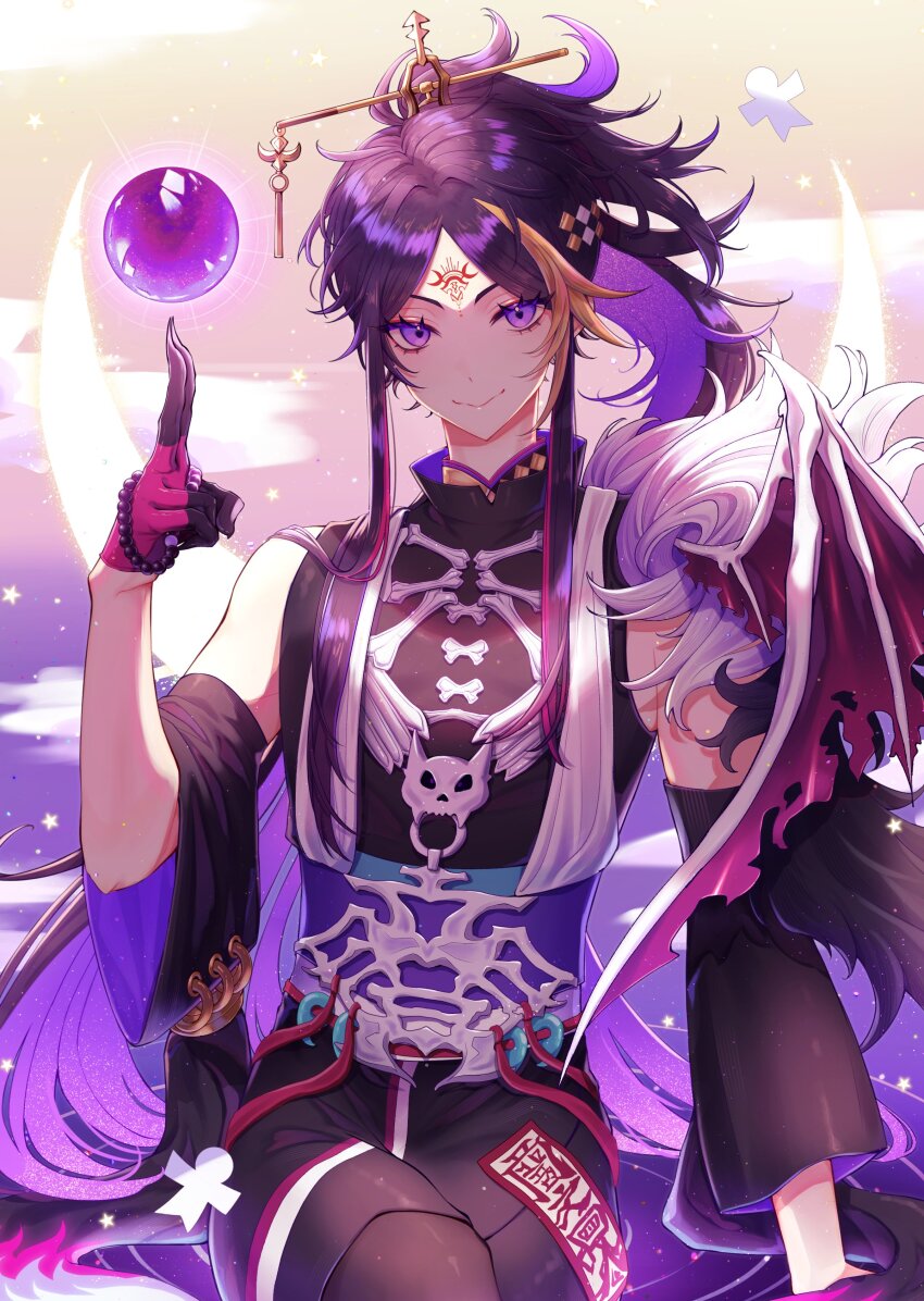 1boy absurdres bead_bracelet beads black_gloves black_hair black_shirt black_sleeves blonde_hair bracelet closed_mouth commentary crescent demon_wings detached_sleeves egasumi english_commentary eyelashes facial_mark forehead_mark gloves gradient_background hair_ornament hair_stick hand_up high_ponytail highres japanese_clothes jewelry light_particles long_hair looking_at_viewer magatama male_focus mochigome_(yum) multicolored_hair nijisanji nijisanji_en obi official_alternate_costume ofuda orb parted_bangs pink_gloves pink_hair ponytail purple_eyes purple_hair purple_sash sash shikigami shirt shu_yamino shu_yamino_(2nd_costume) sidelocks simple_background single_wing sitting sleeveless sleeveless_shirt smile solo star_(symbol) streaked_hair two-tone_gloves very_long_hair virtual_youtuber wide_sleeves wings yaminion_(shu_yamino)
