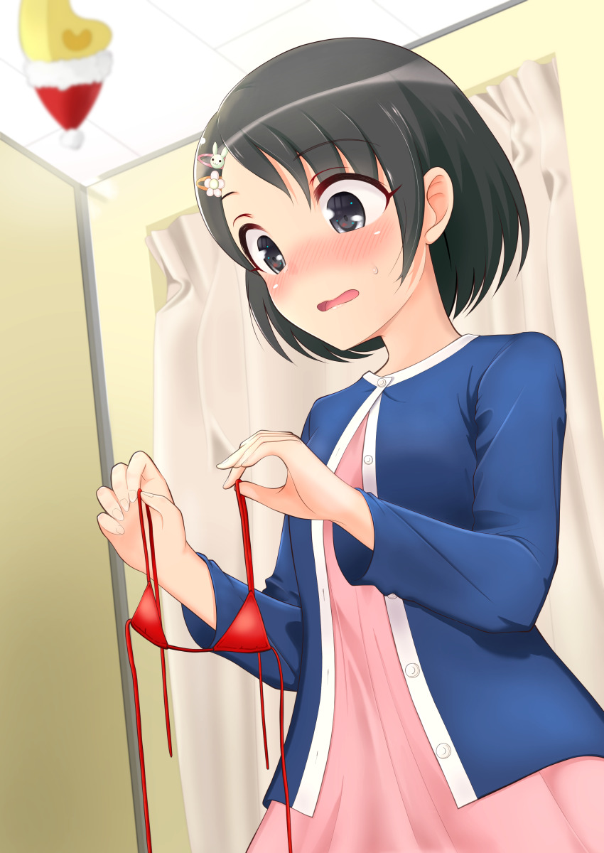 1girl 1other :o absurdres bikini black_hair blue_jacket blush commentary_request dress embarrassed fitting_room hat highres holding holding_swimsuit holding_unworn_clothes idolmaster idolmaster_cinderella_girls indoors jacket kirinp_u149 looking_at_object micro_bikini nose_blush p-head_producer pink_dress producer_(idolmaster) red_bikini santa_hat sasaki_chie short_hair solo_focus string_bikini sweatdrop swimsuit unworn_bikini_top unworn_swimsuit voyeurism when_you_see_it