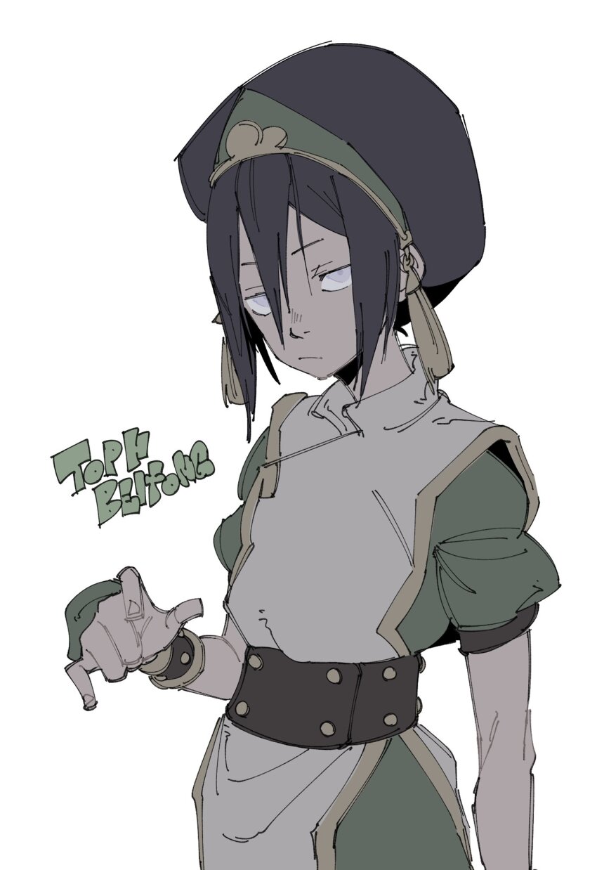 1girl avatar:_the_last_airbender avatar_legends belt black_hair blind bracelet character_name chinese_clothes closed_mouth from_side green_headdress hair_between_eyes hair_up hand_up head_tilt headdress highres jewelry looking_at_viewer short_sleeves simple_background solo standing superebiseeeen toph_beifong white_background