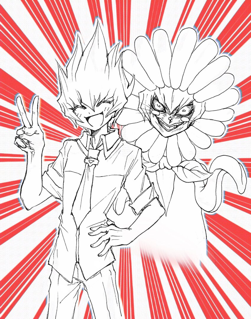1boy :d blush_stickers closed_eyes collared_shirt cowboy_shot crazy_eyes emphasis_lines fingernails flower_costume goushen0309 hair_between_eyes highres long_bangs looking_at_viewer male_focus necktie open_mouth pants shingetsu_rei shirt short_hair short_sleeves smile spiked_hair v vector_(yu-gi-oh!) yu-gi-oh! yu-gi-oh!_zexal