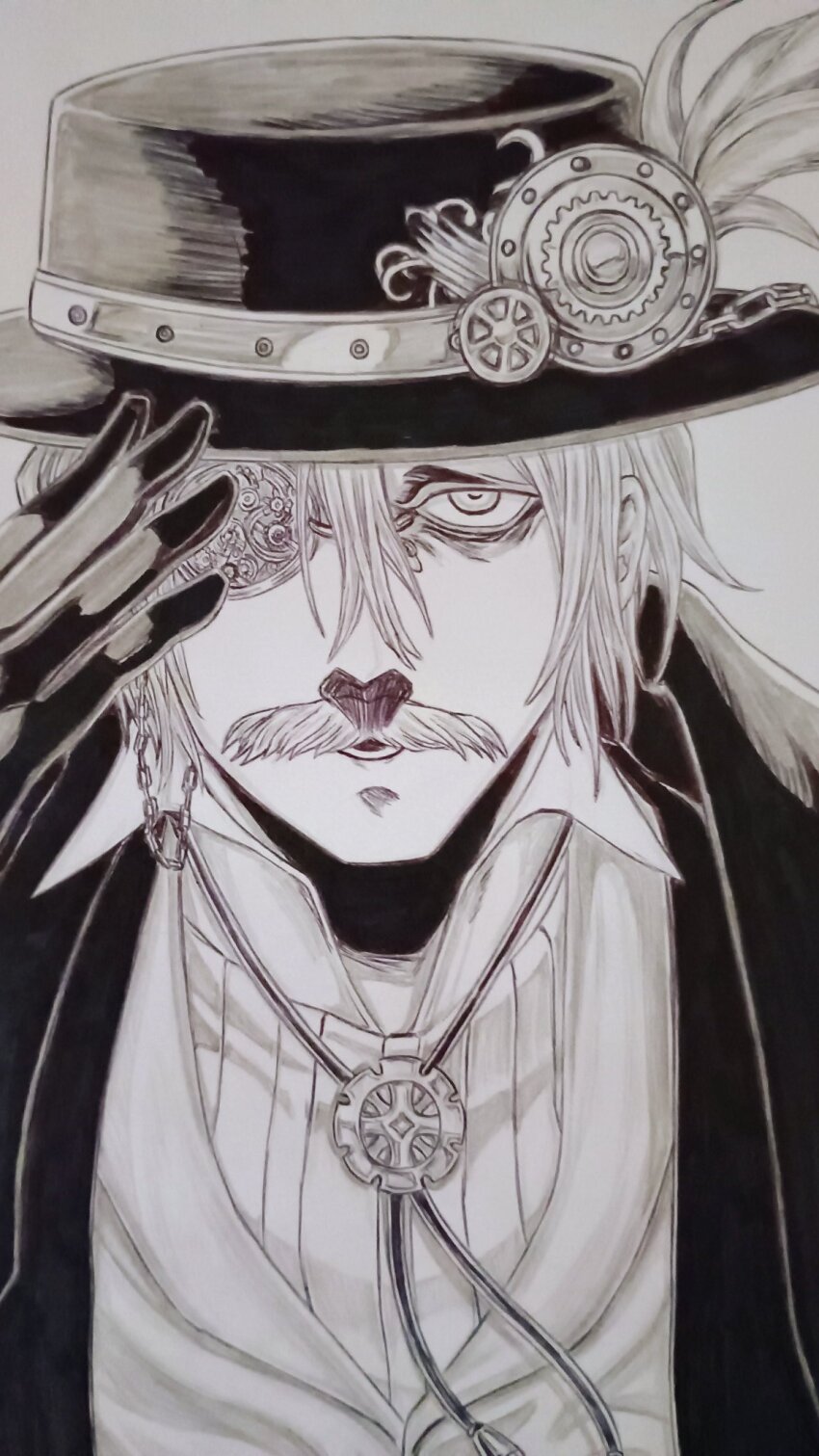 1boy close-up coat coat_on_shoulders collared_shirt facial_hair facing_viewer formal_clothes gear_hat_ornament gears gloves greyscale hair_between_eyes half-closed_eyes hand_up hat hat_ornament highres jack_the_ripper_(shuumatsu_no_valkyrie) long_sleeves looking_at_viewer lower_teeth_only male_focus monochrome monocle monocle_chain mustache one_eye_covered shirt short_hair shuumatsu_no_valkyrie solo steampunk suit teeth top_hat victorian