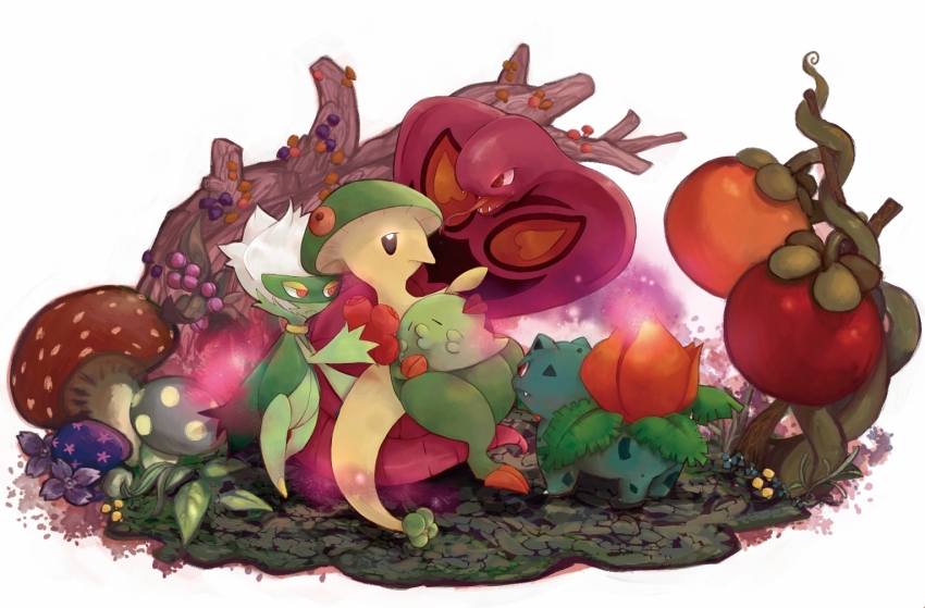 arbok breloom bright_pupils buizelbuibui closed_eyes closed_mouth fang full_body gen_1_pokemon gen_3_pokemon gen_4_pokemon gulpin holding ivysaur mushroom nintendo no_humans open_mouth pokemon pokemon_(creature) red_eyes roserade snake spores tomato tongue white_background white_pupils