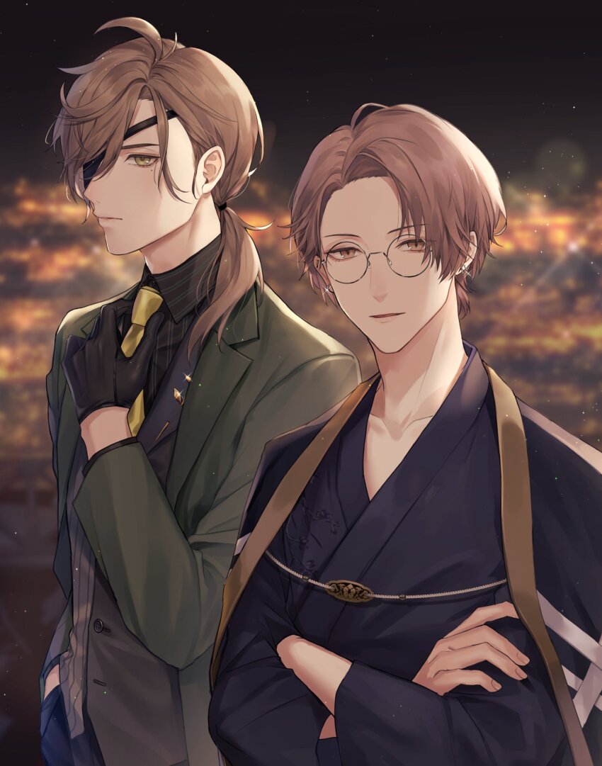 2boys adjusting_clothes adjusting_necktie black_gloves black_haori black_kimono black_shirt blurry blurry_background brown_eyes brown_hair buttons city_lights closed_mouth coat collared_shirt commentary_request crossed_arms earrings eyepatch glasses gloves green_coat green_eyes grey_vest hair_over_shoulder hand_in_pocket hand_up haori haori_on_shoulders highres japanese_clothes jewelry kagami_hayato kagami_hayato_(5th_costume) kimono lapels lens_flare light_particles long_hair long_sleeves looking_at_viewer low_ponytail male_focus mole mole_under_eye multiple_boys natsuki_(naki_zemisei) necktie night night_sky nijisanji official_alternate_costume oliver_evans oliver_evans_(3rd_costume) one_eye_covered open_clothes open_coat outdoors parted_bangs parted_lips ponytail round_eyewear shirt short_hair sky striped_clothes striped_shirt striped_vest vertical-striped_clothes vertical-striped_shirt vertical-striped_vest vest virtual_youtuber wide_sleeves wing_collar yellow_necktie