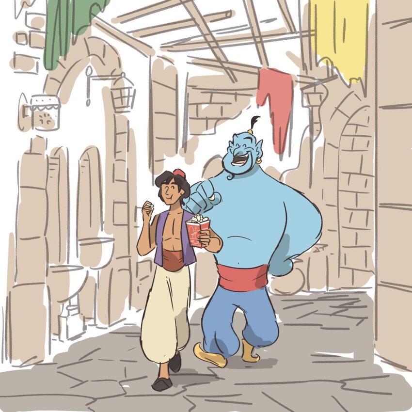 2boys aladdin_(disney) aladdin_(movie) arabian_clothes black_footwear blue_skin colored_skin dark-skinned_male dark_skin eating facial_hair food full_body genie_(aladdin) goatee hallway hat multiple_boys nin0318 open_mouth popcorn short_hair smile topless_male