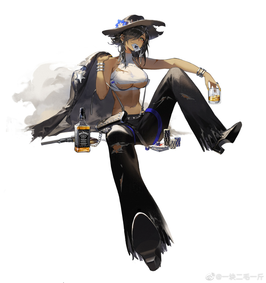1girl ace_(playing_card) ace_of_spades alcohol bean_sprouts_(6651003) black_hair black_hat black_jacket black_pants breasts card card_in_mouth closed_mouth colt_walker colt_walker_(girls&#039;_frontline) cowboy_hat cowboy_western crop_top cup drinking_glass earrings girls&#039;_frontline glass_bottle green_eyes gun hair_over_one_eye handgun hat highres holding holding_cup holding_gun holding_weapon holster jack_daniel&#039;s jacket jewelry large_breasts midriff mouth_hold navel official_art pants playing_card poker_chip revolver shoe_soles solo spade_(shape) underboob watermark weapon weibo_username weibo_watermark whiskey yellow_nails