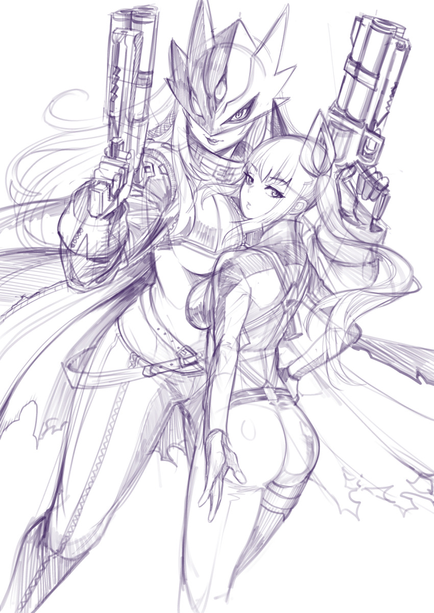 beelstarmon belt black_coat black_gloves black_mask black_pants blonde_hair blue_mask breasts coat cropped_vest derringer digimon digimon_(creature) digimon_story:_time_stranger eye_mask gloves gun handgun highres holding holding_weapon jacket large_breasts leather leather_jacket leather_pants long_hair mask multiple-barrel_gun navel pants ravenhart shiroki_asuna simple_background sketch third_eye tight_clothes tight_pants underboob vest weapon yuri