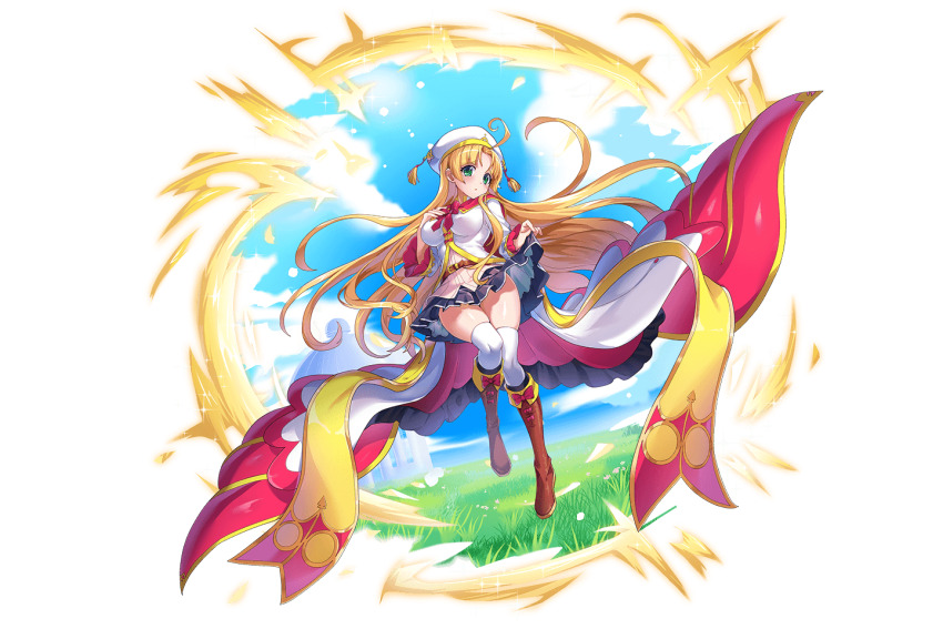 1girl asia_argento black_skirt blonde_hair breasts brown_footwear dress full_body game_cg grass green_eyes high_school_dxd kamihime_project large_breasts long_hair looking_at_viewer official_art outdoors shirt skirt thighhighs white_dress white_shirt white_thighhighs
