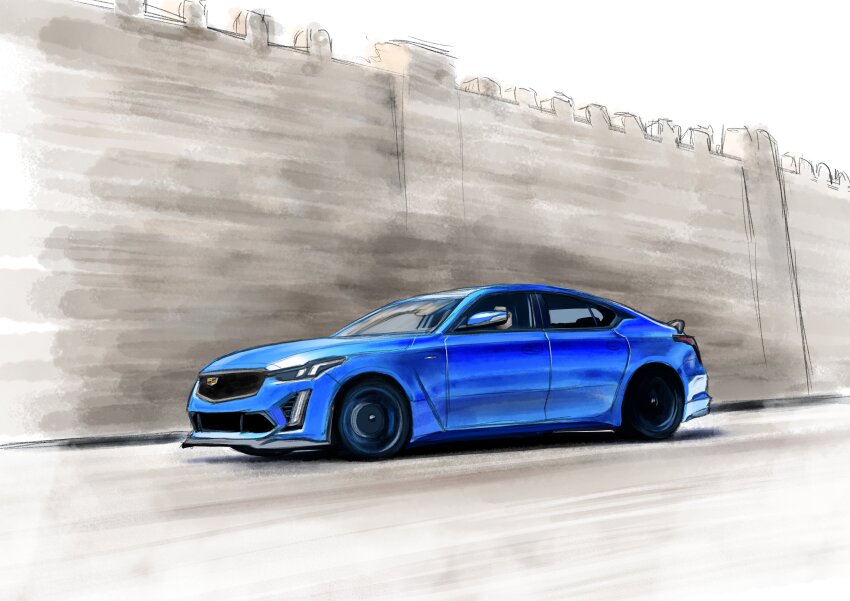 absurdres blue_car cadillac cadillac_ct5 car from_side highres making-of_available motion_blur motor_vehicle no_humans original shadow sumakun vehicle_focus