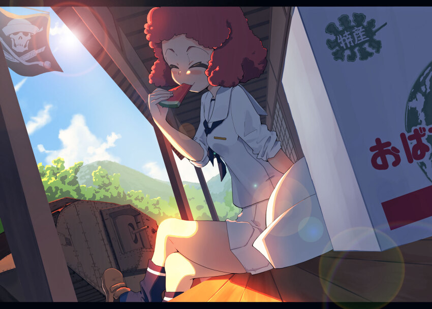 1girl black_scarf blue_sky blush closed_eyes commission crossed_legs curly_hair food fruit girls_und_panzer hand_on_ground highres holding holding_food holding_fruit holding_watermelon jinguu_(4839ms) mark_iv_tank military_vehicle miniskirt motor_vehicle on_floor ooarai_naval_school_uniform red_hair rum_(girls_und_panzer) scarf school_uniform serafuku sitting skeb_commission skirt sky sleeves_rolled_up summer sunlight tank watermelon watermelon_slice white_serafuku white_skirt