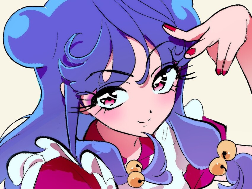 1girl apron bell closed_mouth commentary_request double_bun frilled_apron frills from_above hair_bell hair_bun hair_ornament korean_commentary long_hair looking_at_viewer pink_eyes portrait purple_hair ranma_1/2 red_nails shampoo_(ranma_1/2) simple_background smile solo v vivinos white_apron white_background