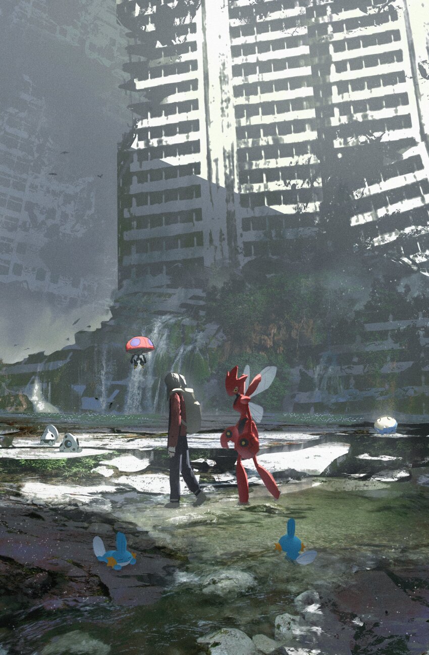 1girl abandoned absurdres aron asteroid_ill backpack bag black_pants brown_hair day facing_away from_side gen_2_pokemon gen_3_pokemon gen_8_pokemon highres jacket long_hair long_sleeves moss mudkip nintendo orange_jacket orbeetle outdoors overgrown pants plant pokemon pokemon_(creature) ponytail post-apocalypse ruins scenery scizor shadow sidelocks simple_bird solo spheal tree vines walking
