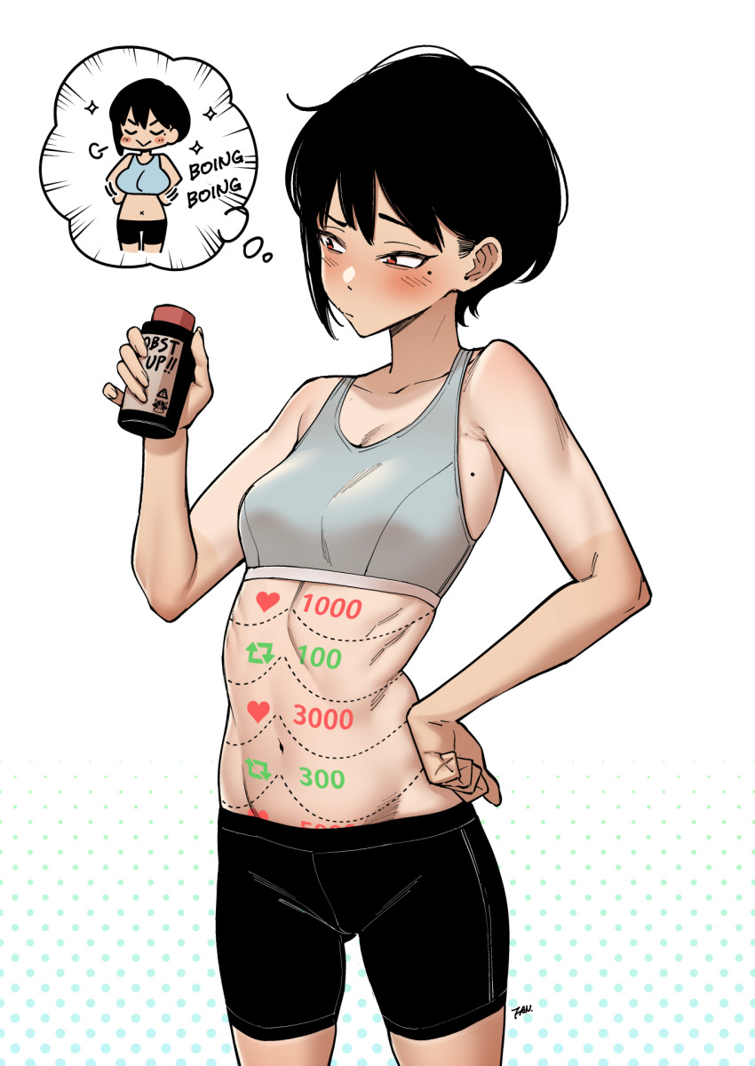 1girl bare_arms bare_shoulders bike_shorts black_hair black_shorts blush body_writing breast_expansion breasts closed_mouth commentary cowboy_shot emphasis_lines f.w.zholic grey_sports_bra halftone halftone_background hand_on_own_hip highres holding holding_jar jar large_breasts mole mole_on_chest mole_under_eye navel original red_eyes short_hair shorts signature small_breasts smug solo sparkle speech_bubble sports_bra tan tanline thought_bubble twitter_cutting_game