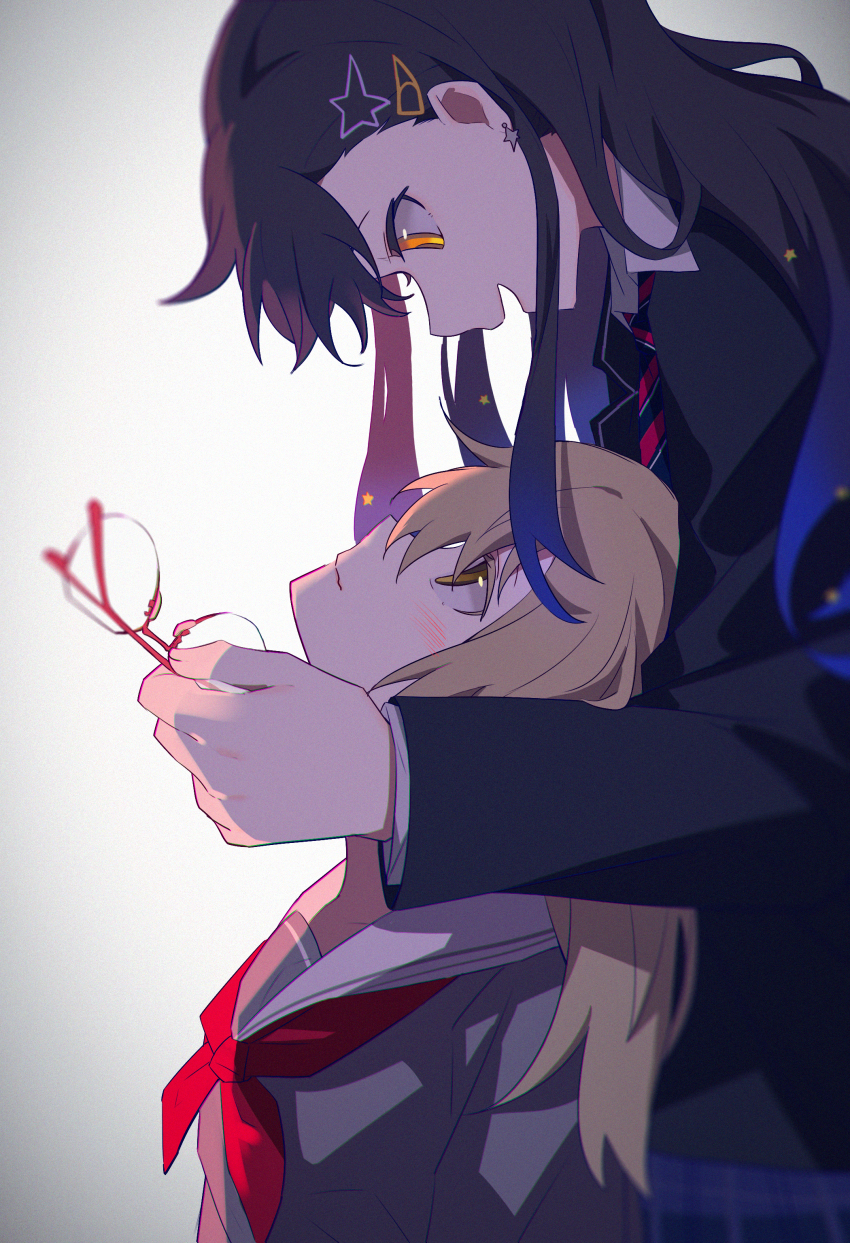 2girls absurdres azusawa_kohane black_hair black_jacket blonde_hair blue_hair blue_skirt blush closed_mouth collared_shirt colored_eyelashes commentary diagonal-striped_clothes diagonal-striped_necktie eye_contact girl_on_top gradient_hair grey_shirt hair_behind_ear hair_ornament hairclip highres holding holding_removed_eyewear jacket layered_sleeves long_hair long_sleeves looking_at_another multicolored_hair multiple_girls neckerchief necktie open_mouth orange_eyes plaid_clothes plaid_skirt profile project_sekai red_neckerchief sailor_collar school_uniform shiraishi_an shirt sidelocks simple_background skirt smile star_(symbol) striped_clothes unworn_eyewear upper_body white_background white_sailor_collar ximuye yellow_eyes yuri