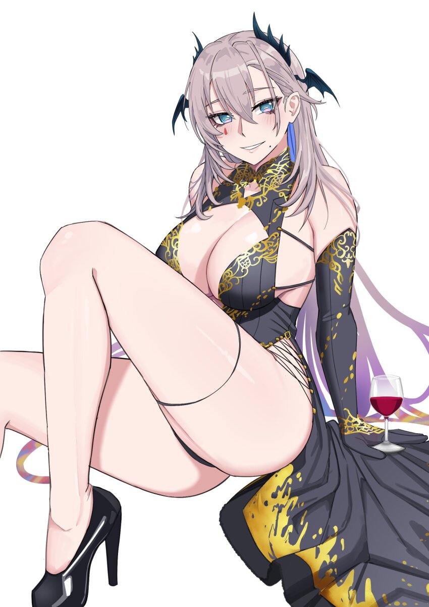 1girl absurdres alcohol artoria_pendragon_(celebratory_attire)_(fate) artoria_pendragon_(fate) artoria_pendragon_(lancer)_(fate) artoria_pendragon_(lancer)_(fate)_(cosplay) artoria_pendragon_(lancer_alter)_(fate) black_dress black_gloves black_shoes black_wings blue_eyes breasts bright_pupils cleavage_cutout clothing_cutout colored_inner_hair cosplay cup dress drinking_glass elbow_gloves fate/grand_order fate_(series) gloves grey_hair head_wings high_heels highres horizontal_pupils indie_virtual_youtuber kuon_bb large_breasts long_hair mole mole_under_mouth multicolored_hair pochimaru_(vtuber) purple_hair red_wine shoes smile solo teardrop_facial_mark tentacle_hair virtual_youtuber white_background white_pupils wine wine_glass wings