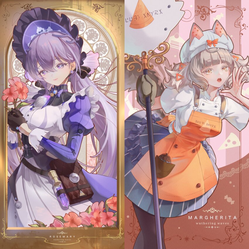 2girls absurdres apron black_gloves black_pantyhose black_skirt bonnet brown_hair buttons calling character_name chigusa7h closed_mouth commentary_request copyright_name double-breasted dress earrings gloves hair_ornament hat hat_with_ears highres holding jewelry long_hair long_sleeves looking_at_viewer margherita_(wuthering_waves) mittens multiple_girls open_mouth orange_apron orange_eyes oven_mitts pantyhose puffy_sleeves purple_bonnet purple_dress purple_eyes purple_hair rosemary_(wuthering_waves) shirt short_hair short_sleeves short_twintails single_mitten skirt smile striped_clothes striped_skirt twintails very_long_hair white_apron white_hat white_shirt wuthering_waves