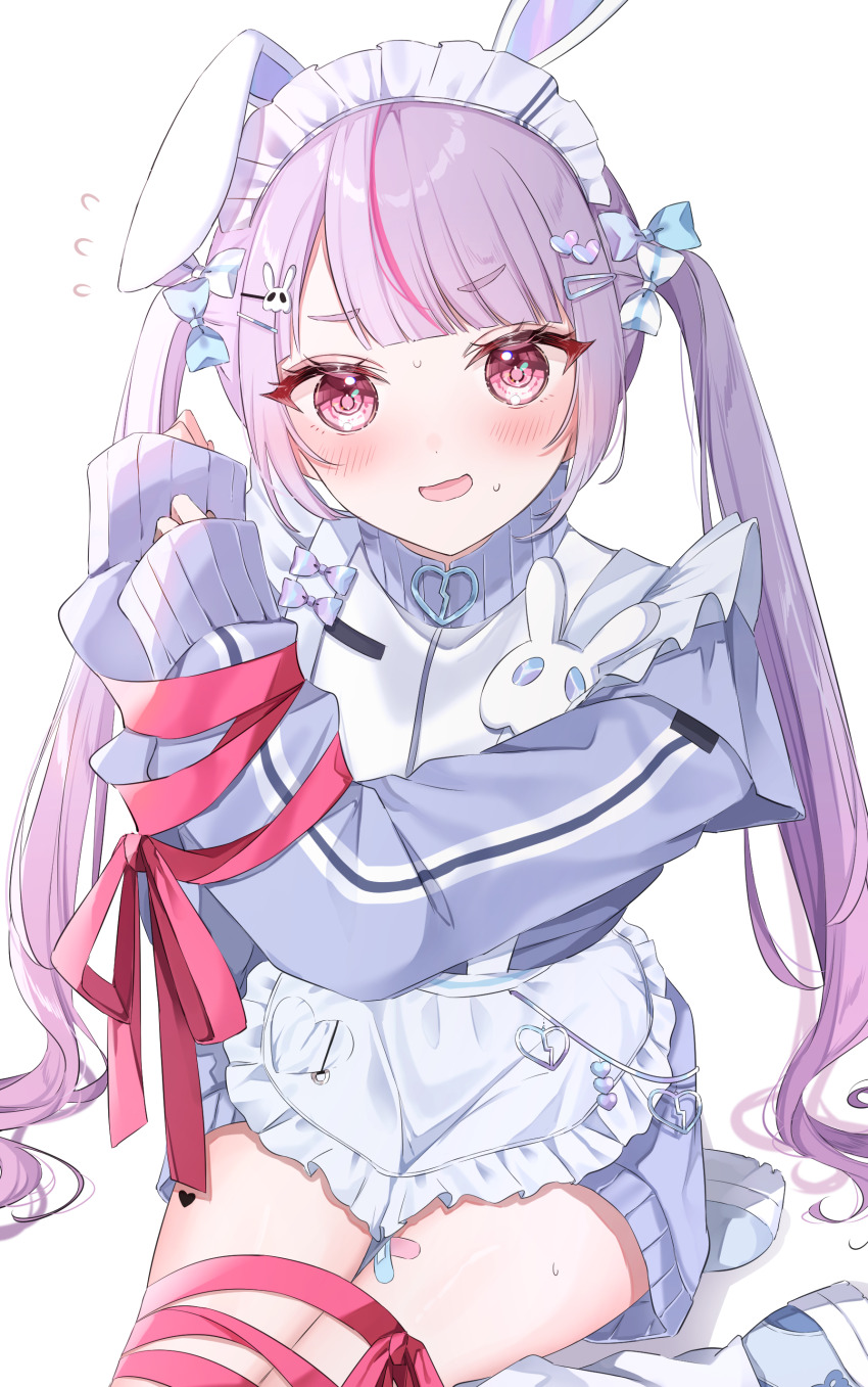 1girl absurdres animal_ears apron bandaid bandaid_on_leg blue_bow blunt_bangs blush bottomless bound bow fake_animal_ears grey_jacket hair_bow hair_ornament hairpin heart heart_hair_ornament highres jacket jersey_maid leg_warmers long_hair maid maid_apron maid_headdress multicolored_hair multiple_hair_bows multiple_hairpins open_mouth pink_eyes purple_hair rabbit_ears rabbit_hair_ornament red_ribbon ribbon shain sidelocks sitting sleeves_past_wrists streaked_hair striped_clothes striped_jacket sweat thick_eyebrows tied_up_(nonsexual) tosaki_mimi tosaki_mimi_(4th_costume) track_jacket twintails unconventional_maid virtual_youtuber vspo! white_background white_bow