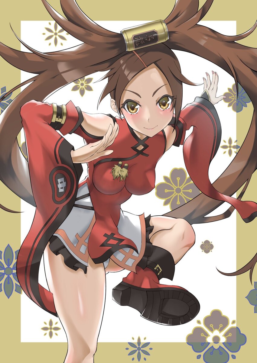 1girl bare_shoulders brown_hair chinese_clothes donut_hair_bun guilty_gear guilty_gear_xrd hair_bun highres kicking kuradoberi_jam long_hair long_sleeves looking_at_viewer sato_one1 yellow_eyes