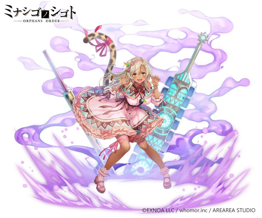 1girl :d breasts brown_eyes brown_hair center_frills claw_pose copyright_notice copyright_request dark-skinned_female dark_skin dress frilled_dress frilled_socks frills hair_between_eyes hands_up highres huge_weapon large_breasts long_hair official_art open_mouth pink_dress pink_lips red_ribbon red_shoes ribbon ryuuki_(hydrangea) shoes simple_background smile socks solo tail tail_ornament tail_raised tail_ribbon teeth tiger_tail upper_teeth_only very_long_hair watermark weapon white_background