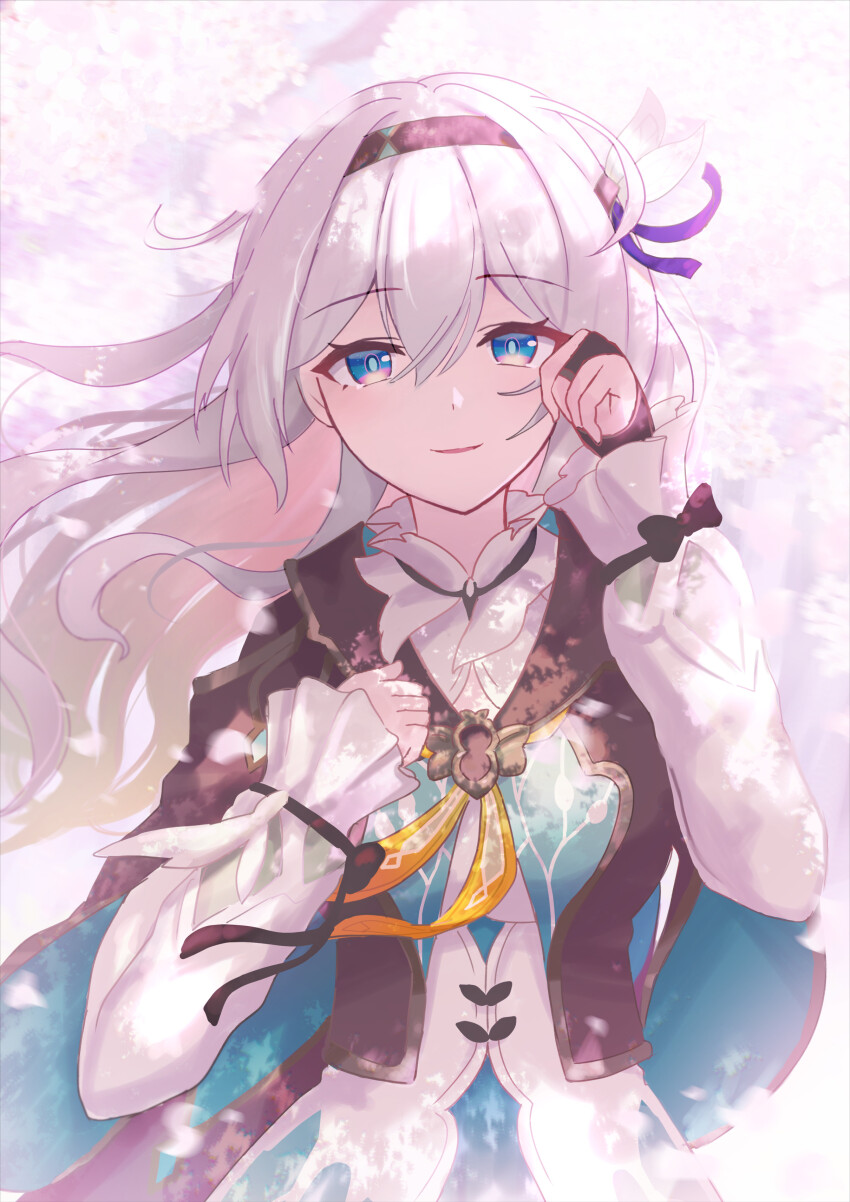 1girl absurdres black_bridal_gauntlets black_hairband black_jacket blue_pupils blurry blurry_background bridal_gauntlets cherry_blossoms commentary_request cropped_jacket dappled_sunlight firefly_(honkai:_star_rail) floating_hair grey_hair hair_between_eyes hair_ornament hairband hand_up highres honkai:_star_rail honkai_(series) isome jacket long_hair long_sleeves looking_at_viewer multicolored_eyes neckerchief orange_neckerchief outdoors parted_lips shirt single_bridal_gauntlet smile solo sunlight two-tone_eyes white_shirt