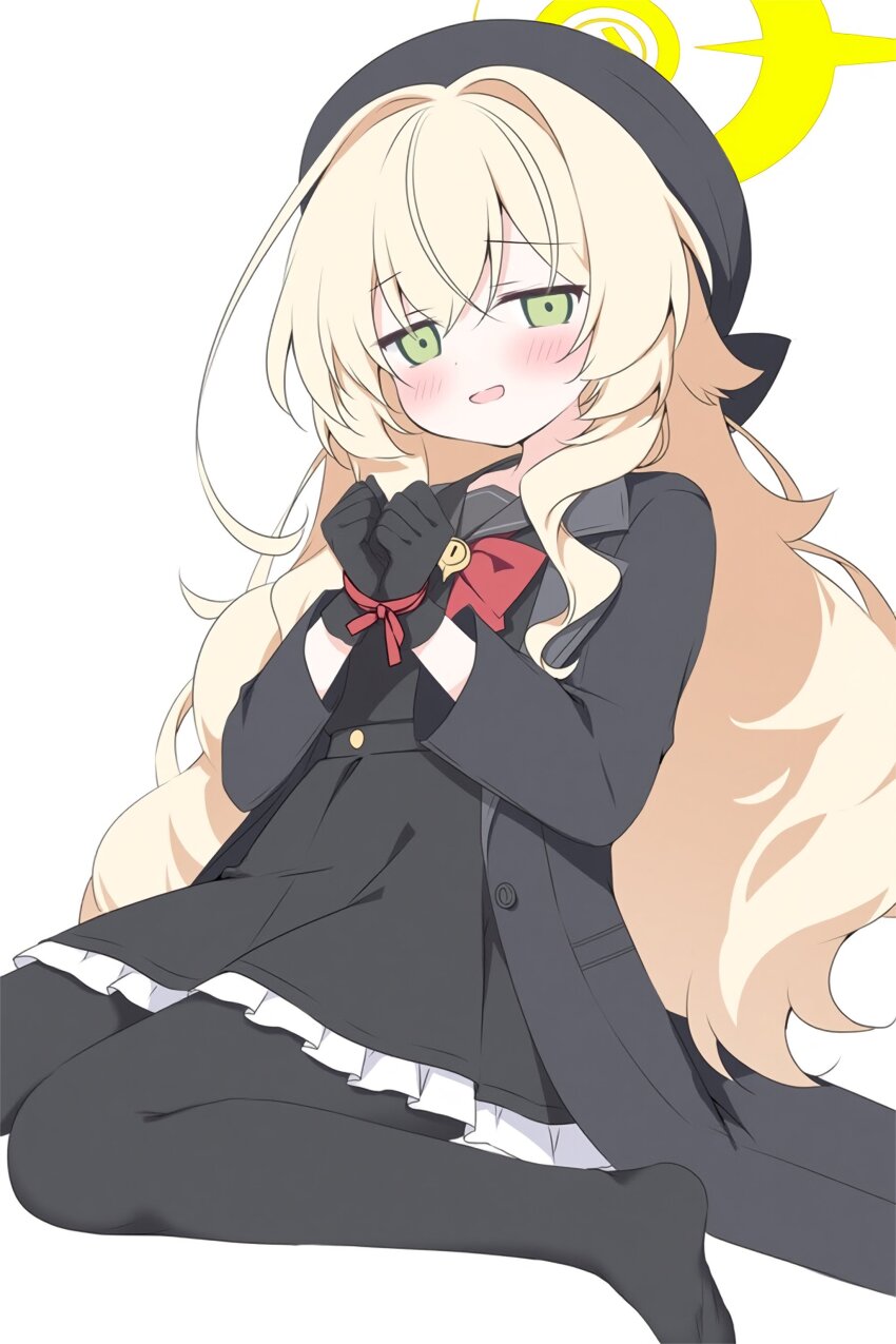 1girl absurdres aikumofuwari beret black_coat black_gloves black_hat black_pantyhose black_sailor_collar black_serafuku blonde_hair blue_archive blush bound bound_wrists bow bowtie coat commentary fluffy_hair gloves green_eyes hair_between_eyes halo hat highres long_hair long_sleeves looking_at_viewer no_shoes open_clothes open_coat open_mouth pantyhose professor_niyaniya_(blue_archive) red_bow red_bowtie sailor_collar school_uniform serafuku shirt side_ahoge simple_background sitting skirt smile solo very_long_hair wariza white_background yellow_halo