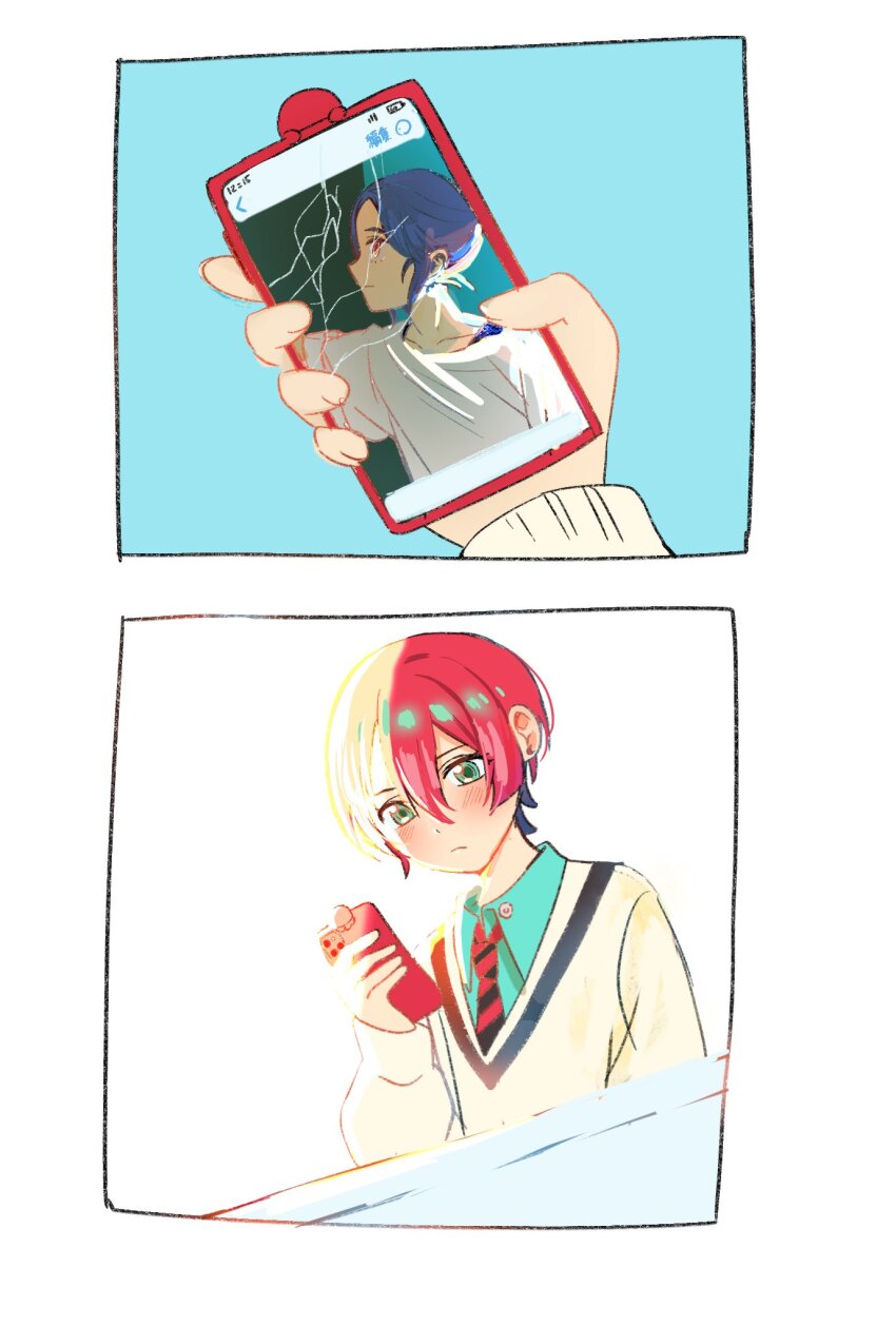 1boy 1girl amate_yuzuriha aqua_eyes aqua_shirt blue_hair blush broken_screen cellphone closed_mouth gundam gundam_gquuuuuux highres holding holding_phone long_sleeves looking_at_phone multicolored_hair necktie phone purple_hair red_eyes red_hair school_uniform shirt short_hair shuji_ito smartphone sweater turumiya_s two-tone_hair upper_body white_shirt