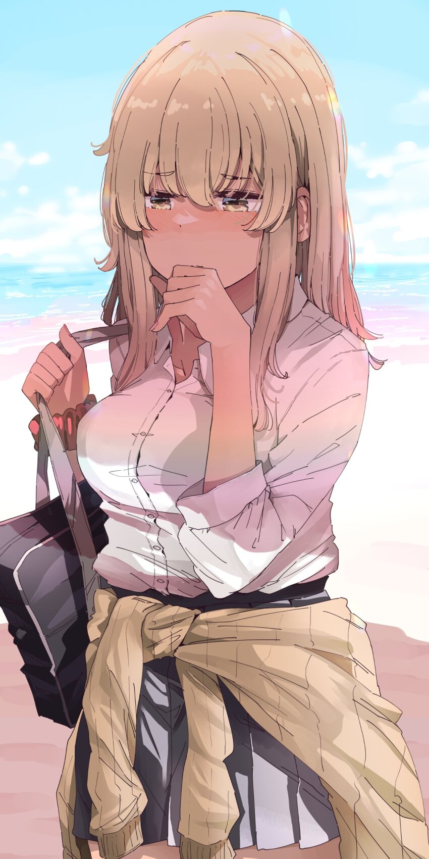 1girl bag beach blonde_hair blush breasts clothes_around_waist collared_shirt commentary cowboy_shot dress_shirt hand_to_own_mouth higa_kana highres nyoijizai okinawa_de_suki_ni_natta_ko_ga_hougen_sugite_tsurasugiru pleated_skirt red_scrunchie ribbed_sweater school_bag school_uniform scrunchie shirt skirt solo sweater sweater_around_waist water white_shirt wrist_scrunchie yellow_eyes
