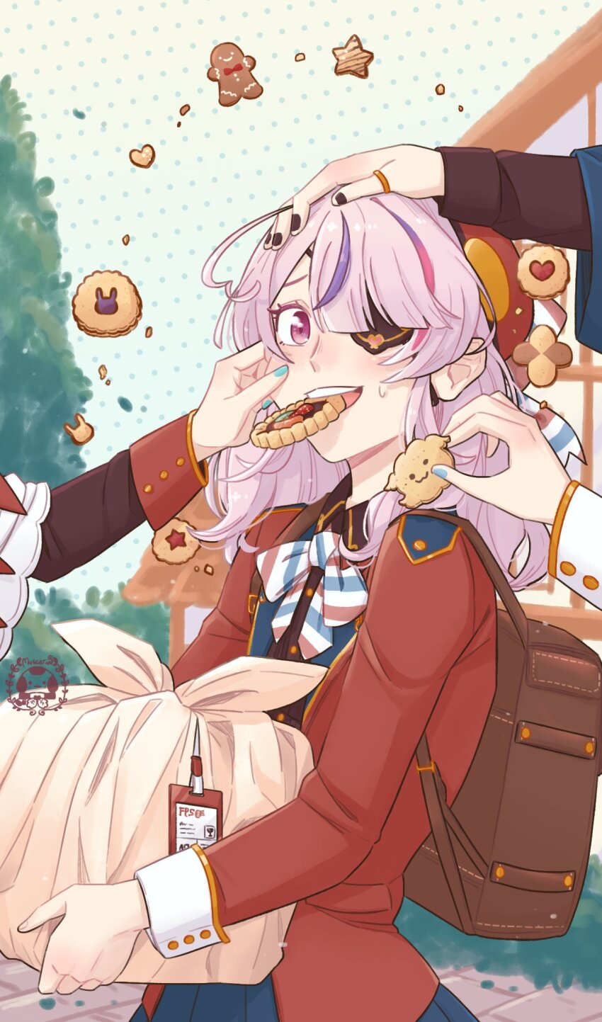 ahoge backpack bag blush character_request cheek_pinching cookie eyepatch food food_in_mouth gift headpat heart heart_ahoge highres holding holding_gift long_hair maria_marionette multicolored_hair nijisanji nijisanji_en nose_blush pinching pink_eyes pink_hair streaked_hair sweatdrop tialiani5 virtual_youtuber weewa_(elira_pendora)