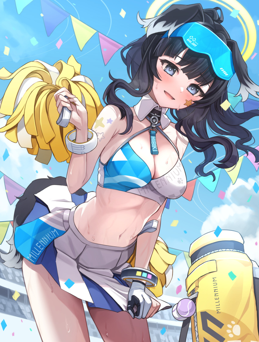 1girl animal_ears bandaid bare_shoulders black_hair blue_archive blue_eyes blue_sky blush body_writing breasts cheerleader cleavage confetti crop_top dog_ears dog_girl dog_tail eyewear_on_head female_focus gloves goggles goggles_on_head halo hibiki_(blue_archive) hibiki_(cheer_squad)_(blue_archive) highres holding holding_pom_poms leaning_forward long_hair looking_at_viewer medium_breasts millennium_cheerleader_outfit_(blue_archive) miniskirt mole navel official_alternate_costume open_mouth pleated_skirt pom_pom_(cheerleading) pom_poms shirousagi_una skirt sky smile solo standing star_sticker sticker_on_face sweat tail thighs white_skirt yellow_halo
