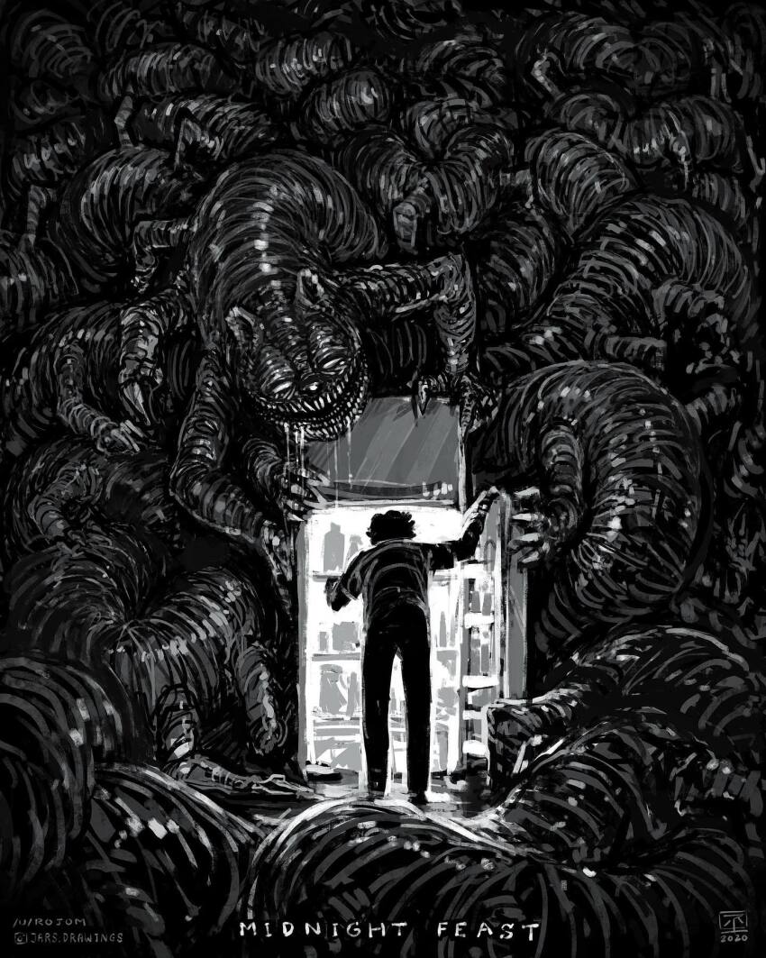 1boy 2020 body_horror commentary dated drooling eldritch_abomination english_commentary english_text garfield garfield_(character) groceries highres horror_(theme) instagram_logo instagram_username jon_arbuckle jr_(jarsarts) mouth_drool no_pupils refrigerator refrigerator_interior saliva white_eyes