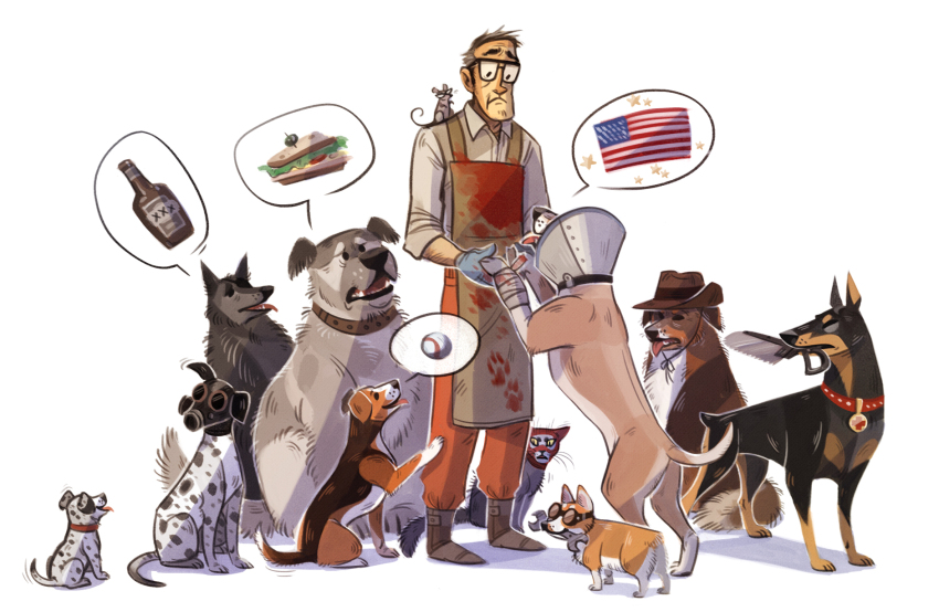 alcohol american_flag animal apron artist_request australian_shepherd baby_animal balaclava bandages baseball beagle bonesaw bottle cat collar cone cone_of_shame corgi dalmatian demoman_(tf2) dobermann dog engineer_(tf2) food frown gas_mask glasses hat heavy_(tf2) highres mask medic_(tf2) miss_pauling mouse_(animal) paw_print puppy pyro_(tf2) sandwich saw scout_(tf2) sniper_(tf2) soldier_(tf2) spy_(tf2) team_fortress_2 valve veterinarian welding_goggles wrench