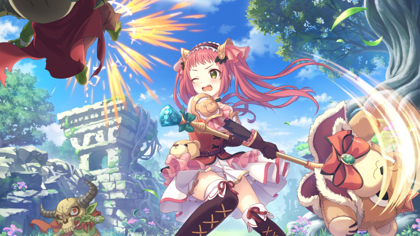 1girl ayane_(princess_connect!) blue_sky boots holding holding_weapon long_hair monster official_art outdoors princess_connect! ruins skirt sky tree weapon