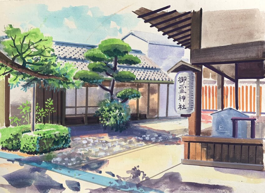 blue_sky building day doremifa84 hedge highres lantern no_humans original painting_(medium) paper_lantern path road scenery shadow sky sunlight tile_roof town traditional_media tree