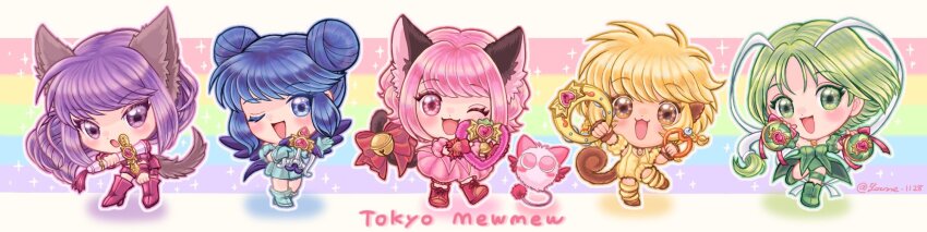 5girls :3 aizawa_mint animal_ears blonde_hair blue_hair cat_ears cat_girl fong_pudding fujiwara_zakuro green_hair highres holding holding_weapon long_image magical_girl mew_ichigo mew_lettuce mew_mint mew_pudding mew_zakuro midorikawa_lettuce momomiya_ichigo monkey_ears monkey_girl monkey_tail multiple_girls pink_hair purple_hair suruga_kanade tail tokyo_mew_mew weapon wide_image wolf_ears wolf_girl wolf_tail