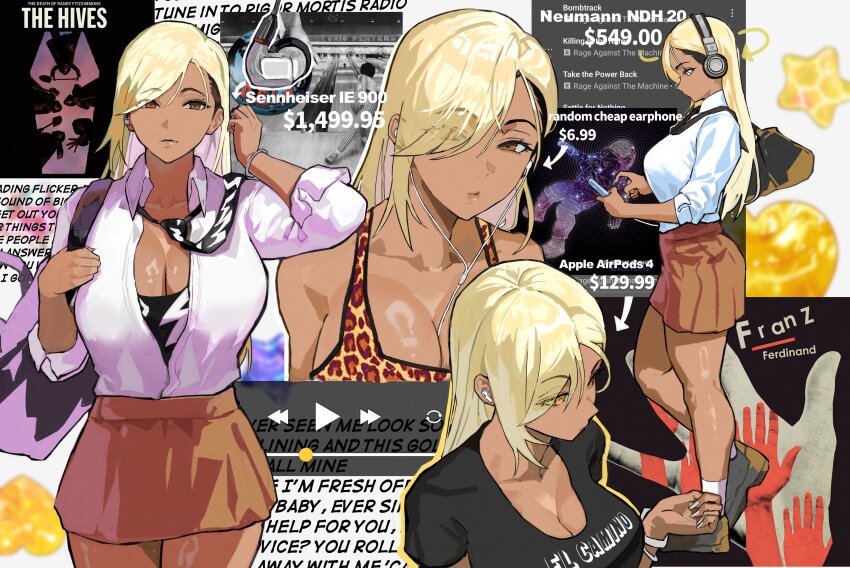 1girl absurdres airpods album_cover animal_print apple_inc. arrow_(symbol) bag bare_shoulders between_breasts black_hair black_necktie black_shirt blonde_hair breasts brown_eyes brown_skirt cellphone cleavage closed_mouth collared_shirt commentary cover cowboy_shot dark-skinned_female dark_skin dress_shirt earbuds earphones english_commentary english_text fake_phone_screenshot fake_screenshot franz_ferdinand_(band) from_side full_body gyaru hair_over_one_eye head_down headphones highres holding holding_phone holding_strap large_breasts leopard_print long_hair lyrics media_player_interface miniskirt multicolored_hair multiple_views necktie necktie_over_shoulder neumann original park_ongjol parted_bangs partially_unbuttoned phone play_button price profile progress_bar rage_against_the_machine school_uniform sennheiser shirt shirt_tucked_in skirt smartphone socks spotify tank_top the_black_keys the_blue_stones the_hives two-tone_hair upper_body white_shirt white_socks wireless_earphones yellow_eyes