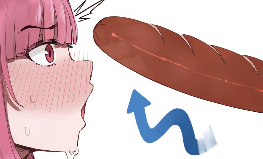 1girl arrow_(symbol) blush commentary english_commentary food highres hololive hololive_english meat mori_calliope mr_thecatman nose_blush open_mouth pink_eyes pink_hair sausage simple_background solo sweat virtual_youtuber white_background