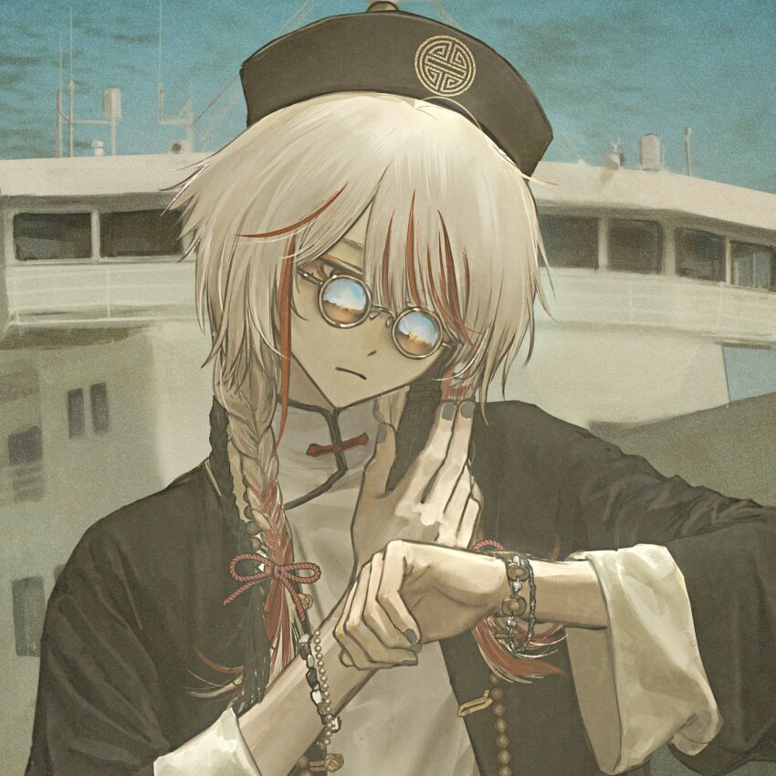 1boy bead_bracelet bead_necklace beads black_jacket black_nails blue_sky bracelet braid changpao chinese_clothes closed_mouth cloud commentary_request curled_fingers dark_clouds fingernails glasses grey_eyes hair_over_one_eye hand_up hat highres hirota_tsuu jacket jewelry long_bangs long_hair long_sleeves looking_down multicolored_hair multiple_bracelets necklace nulut one_eye_covered open_clothes open_jacket outdoors qingdai_guanmao red_hair red_rope rope round_eyewear ship shirt sky solo streaked_hair swept_bangs tangzhuang twin_braids two-tone_hair upper_body watercraft white_hair white_shirt window