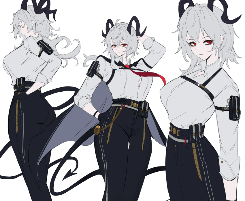 1girl arm_pouch arm_up black_gloves black_horns black_jacket black_pants black_pouch black_tail breasts chest_harness closed_eyes collared_shirt commentary curled_horns demon_tail gloves grey_hair hair_between_eyes hand_on_own_hip harness high-waist_pants highres horns jacket jacket_on_shoulders kuroha_(rockluo213) large_breasts long_hair looking_at_viewer multiple_views necktie pants red_eyes red_necktie shirt shirt_tucked_in simple_background symbol-only_commentary tail tight_clothes tight_pants white_background wuthering_waves zani_(wuthering_waves)