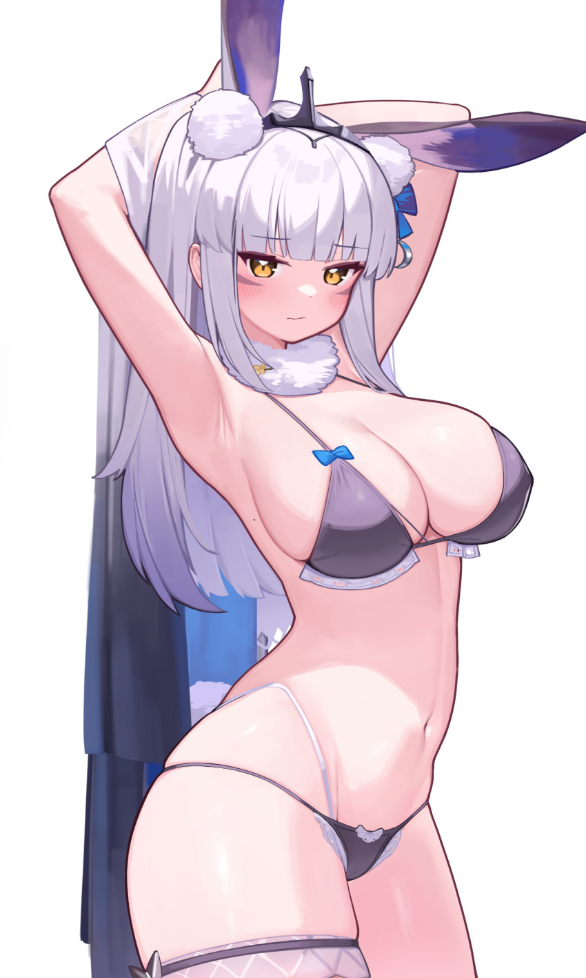 1girl absurdres animal_ears armpits arms_behind_head bikini black_bikini bra breasts cleavage commentary_request highres kaavi large_breasts long_hair looking_at_viewer mahjong_soul navel rabbit_ears rabbit_girl simple_background solo swimsuit underwear verdey white_background white_hair yellow_eyes