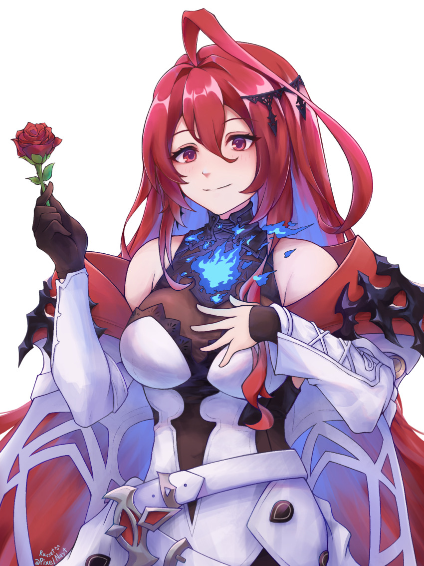 1girl ahoge asymmetrical_gloves black_gloves blue_fire blue_hair breasts closed_mouth colored_inner_hair commentary cross-laced_clothes cross-laced_sleeves dress elizabeth_rose_bloodflame elizabeth_rose_bloodflame_(1st_costume) fingerless_gloves fire flower gloves hair_between_eyes halterneck highres holding holding_flower hololive hololive_english huge_ahoge jacket large_breasts looking_at_viewer mismatched_gloves multicolored_hair open_clothes open_jacket pixelnayt red_eyes red_hair rose simple_background smile virtual_youtuber white_background white_dress white_jacket white_sleeves
